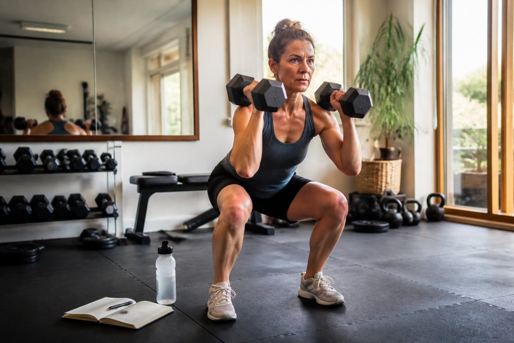 A woman in her late 40s performing a controlled dumbbell squat in a bright home gym, with a training journal and water bottle nearby, focused expression