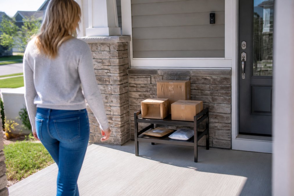 Elevated delivery stand holding multiple packages on a residential front porch with clear visibility from the street, a homeowner approaching to retrieve items, natural daylight