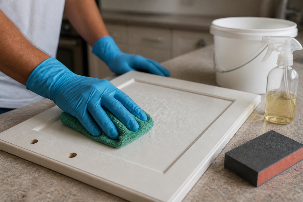 Hands wearing rubber gloves using a microfibre cloth to wipe down a cabinet door with TSP solution, water droplets visible on the surface, with a sanding block resting nearby on the counter