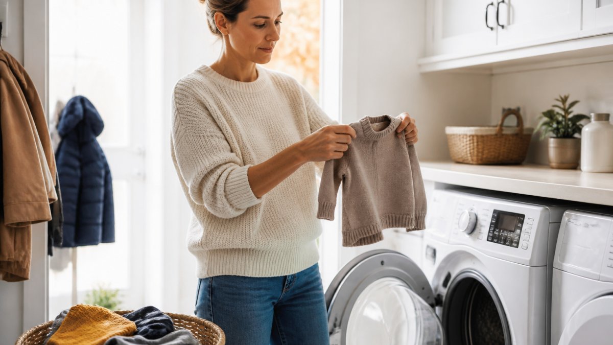 Parent turning a child's cotton sweater inside out before washing it in a laundry room