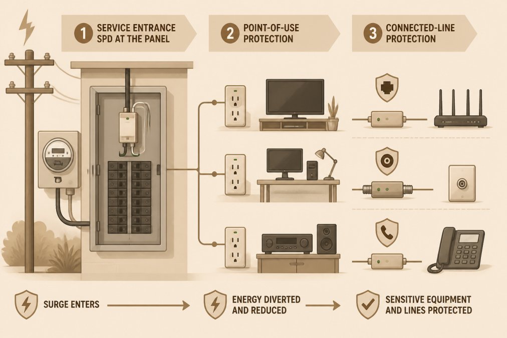 Service panel surge protector and point-of-use devices installed to prevent power surge damage in a home office.