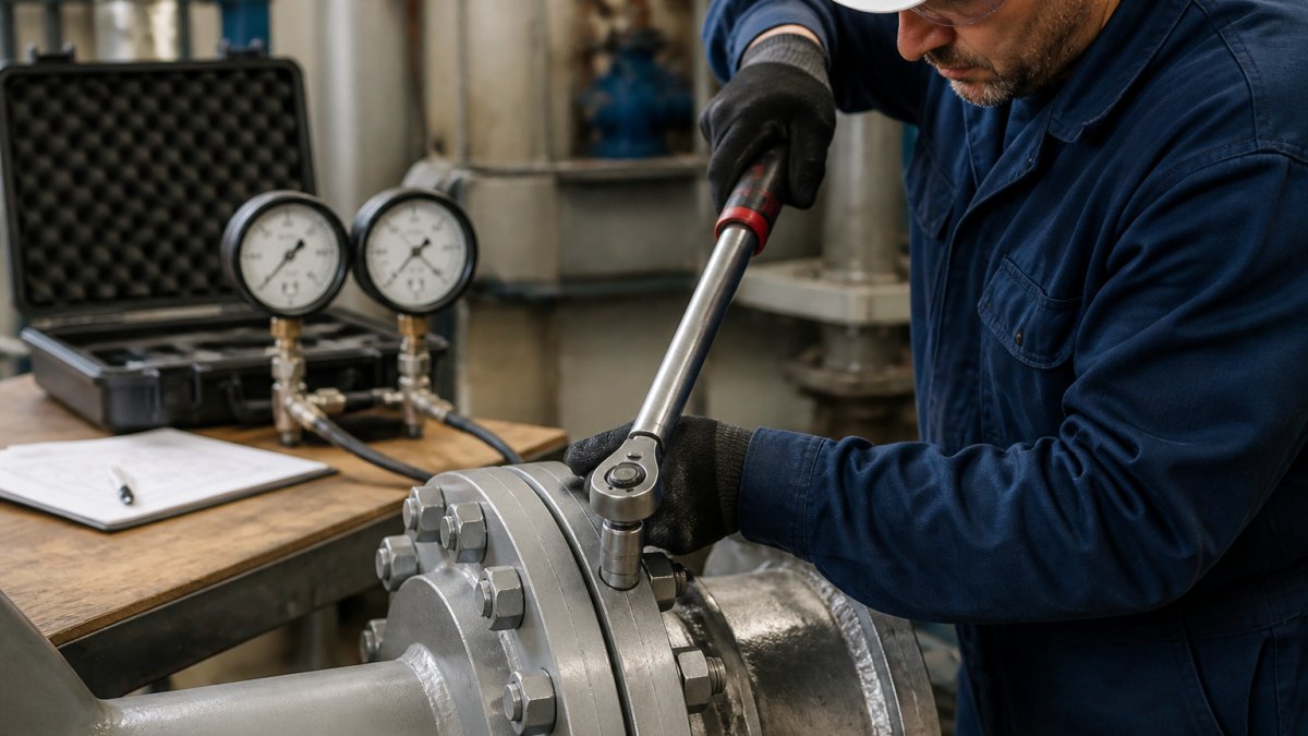 Technician using a torque wrench on a flange with a sequence diagram for preventing preload loss in industrial fasteners