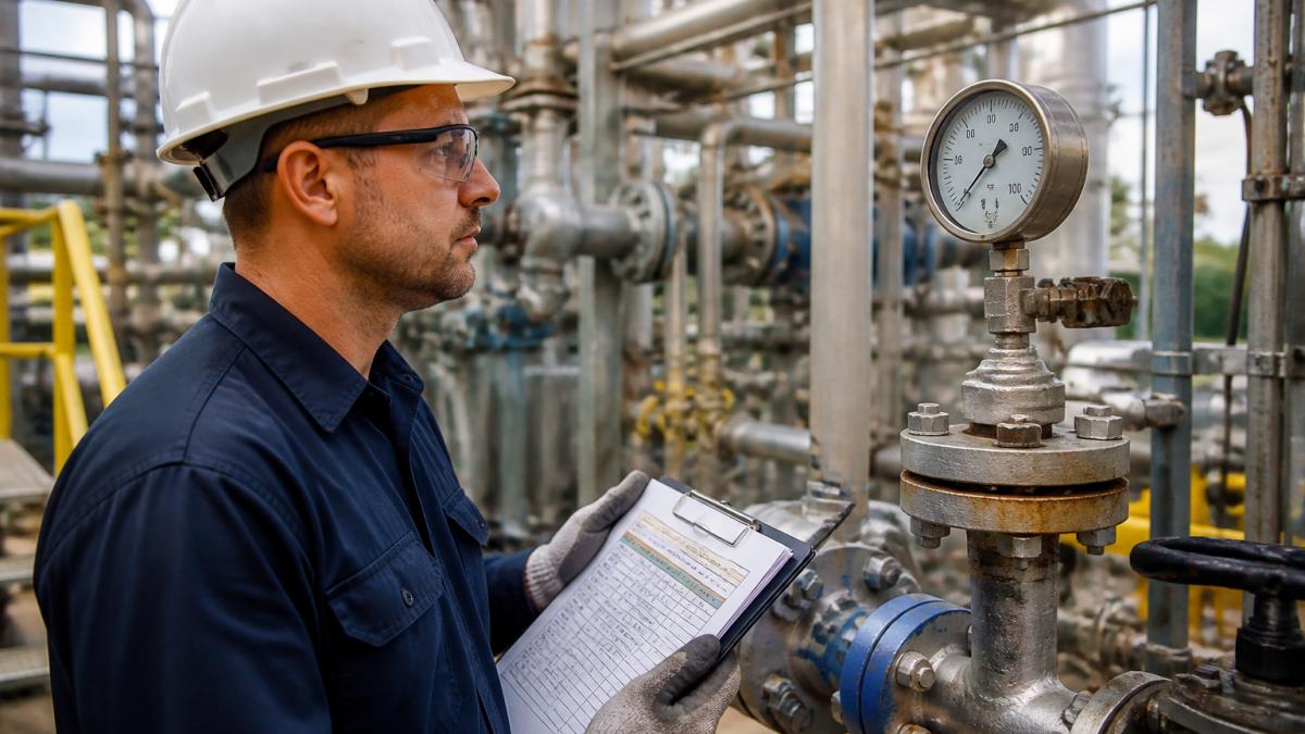 An instrumentation technician in safety glasses and gloves examining a pressure gauge installed on a chemical process line, holding a clipboard with a compatibility reference sheet, industrial piping and valves visible in the background