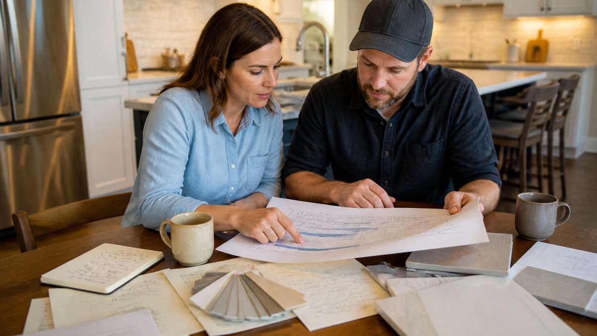 Homeowner and contractor reviewing printed project schedule and materials list at a kitchen table with coffee and handwritten notes spread across the surface