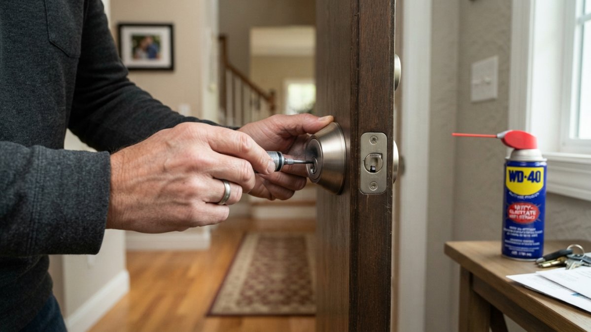 Close-up of a person's hands applying a small amount of dry lubricant into a door lock cylinder with a precision applicator, door slightly open in a home hallway