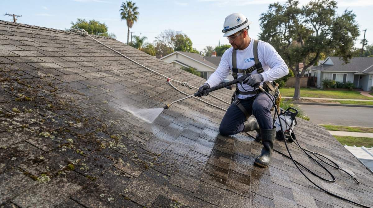 A professional cleaner in protective gear using a low-pressure sprayer on a residential asphalt shingle roof, with moss and dark streaks visible on one side of the roof slope