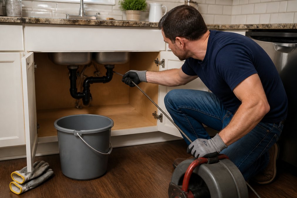 A homeowner using a drain snake to clear a slow-draining kitchen sink, with a bucket and gloves nearby on the floor