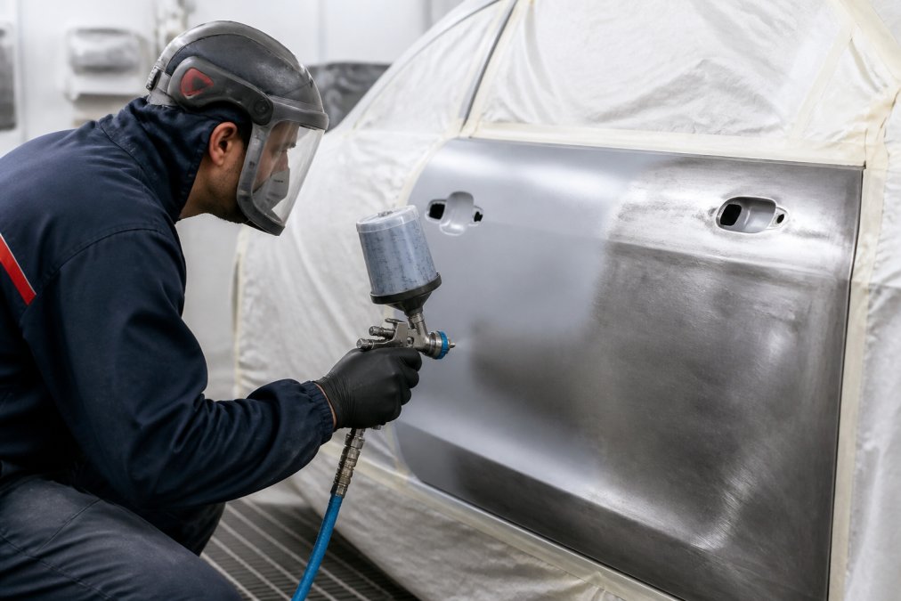 Close-up of a technician's gloved hands applying epoxy primer with a spray gun to a freshly sanded car door panel in a well-lit auto body shop, bare metal visible on part of the panel