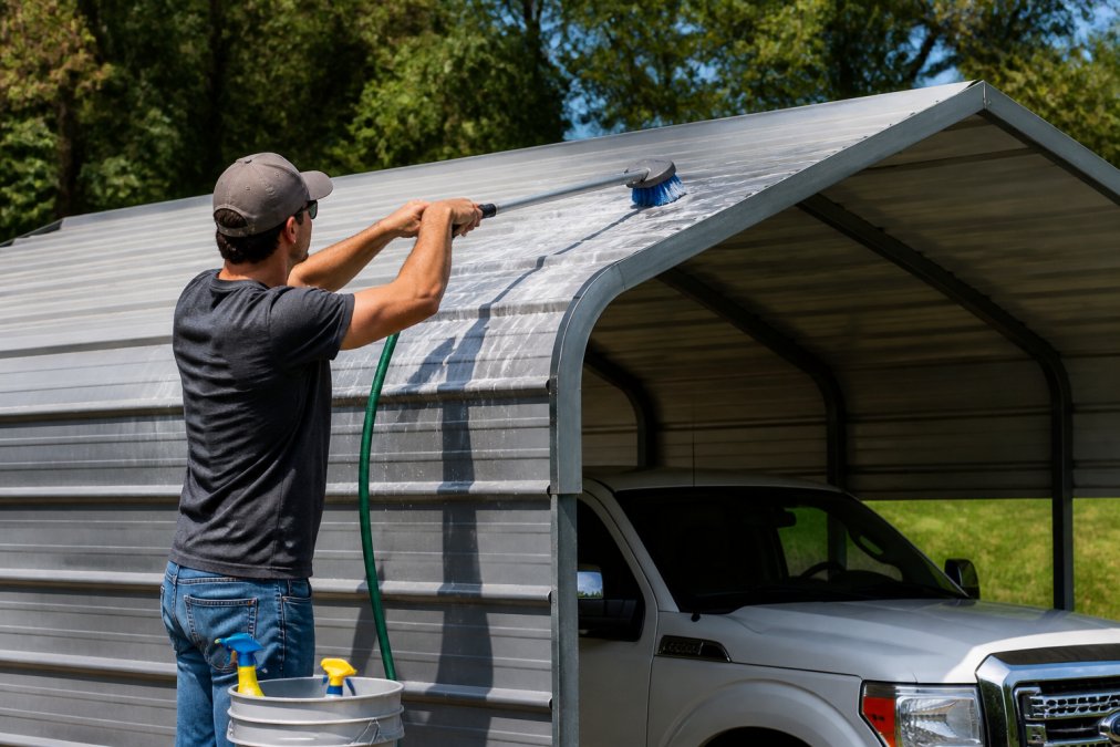 Homeowner scrubbing galvanized steel carport roof with soap and water to aid in preventing rust on metal carports.
