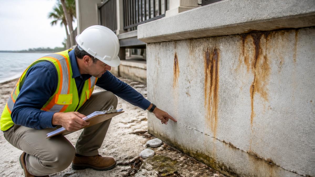 A structural engineer in a hard hat and safety vest inspecting a concrete foundation wall on a coastal property, pointing at visible rust staining and a hairline crack near the base of the wall, with a clipboard in hand and salt air haze in the background