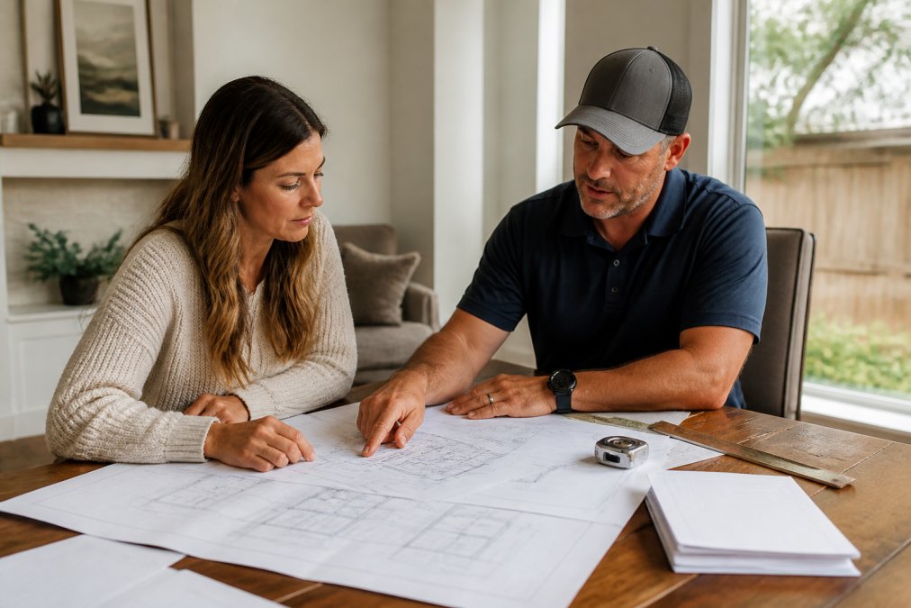Homeowner and contractor reviewing detailed architectural plans and scope documents at a wooden table, with blueprints, measurements, and written notes spread across the surface, natural daylight from a window