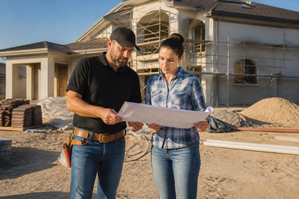 Contractor and homeowner standing together on a residential construction site reviewing project documentation and progress, with the property and ongoing work visible in the background, afternoon sunlight