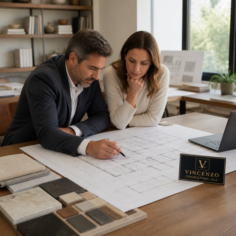 An architect and homeowner reviewing detailed blueprints together at a large wooden table in a bright design studio, with material samples and a laptop nearby