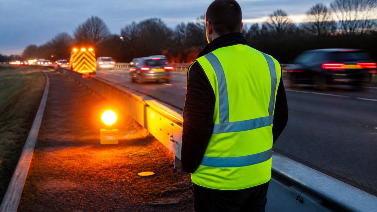 Preventing Secondary Collisions After a Vehicle Breakdown A motorist in a high-visibility reflective vest standing safely behind a motorway crash barrier at dusk, with a warning beacon glowing on the hard shoulder behind them and traffic passing in the background