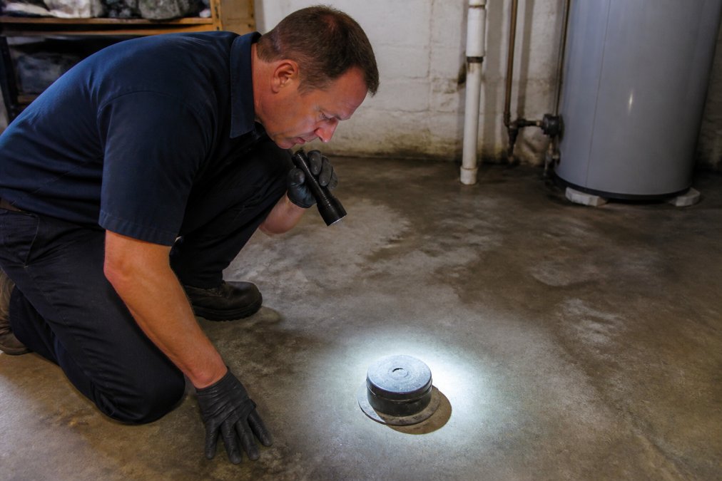 A homeowner kneeling in a basement utility room, shining a flashlight on a clean sewer cleanout cap while inspecting the main line access point
