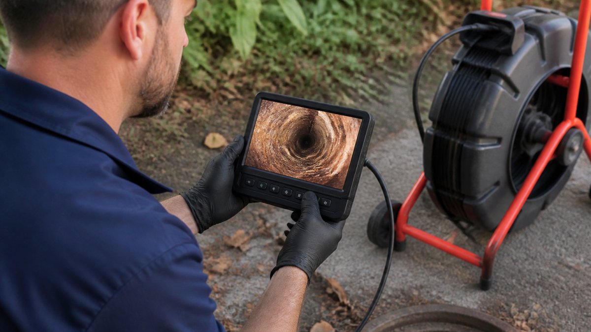 Professional plumber holding a video inspection camera monitor displaying real-time footage of the interior of a clay sewer pipe showing tree root intrusion and pipe deterioration
