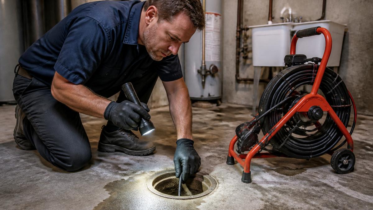 A plumber in work clothes kneeling beside an open basement floor drain, holding a flashlight and inspecting the pipe with a camera reel visible nearby