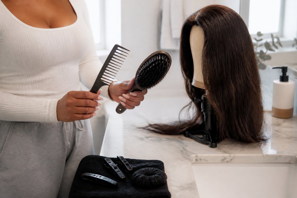 Wide-tooth comb and soft bristle brush used for detangling a human hair wig while preventing shedding