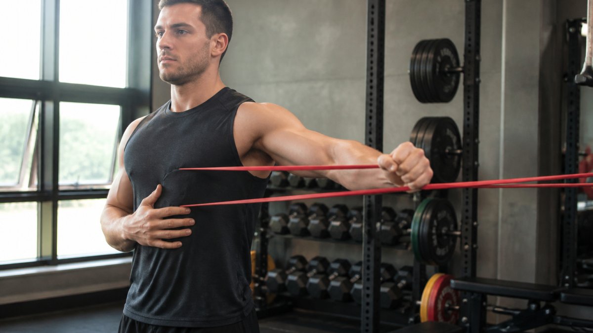 Athlete performing external rotation with resistance band, showing controlled arm positioning and proper shoulder alignment in bright gym setting