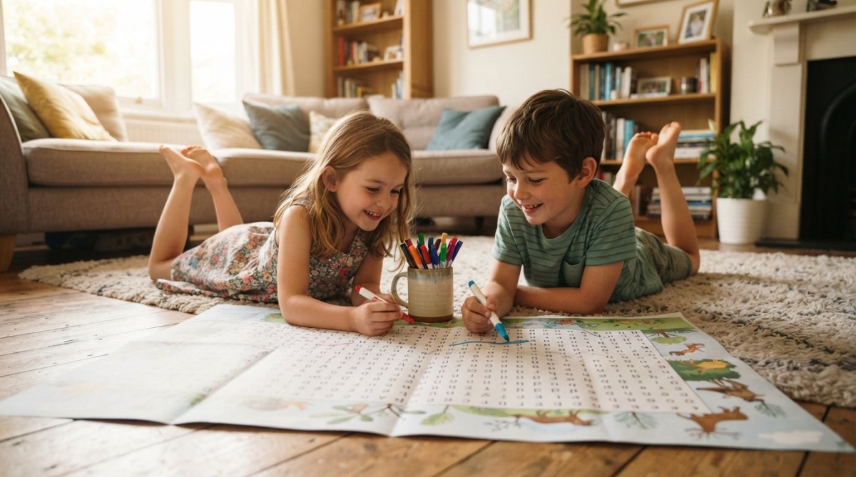 Two siblings coloring a large puzzle together to help prevent sibling arguments in a cozy living room.