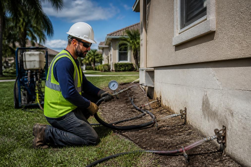 Technician using polyurethane injection to assist in preventing sinkhole formation in florida homes near a foundation.
