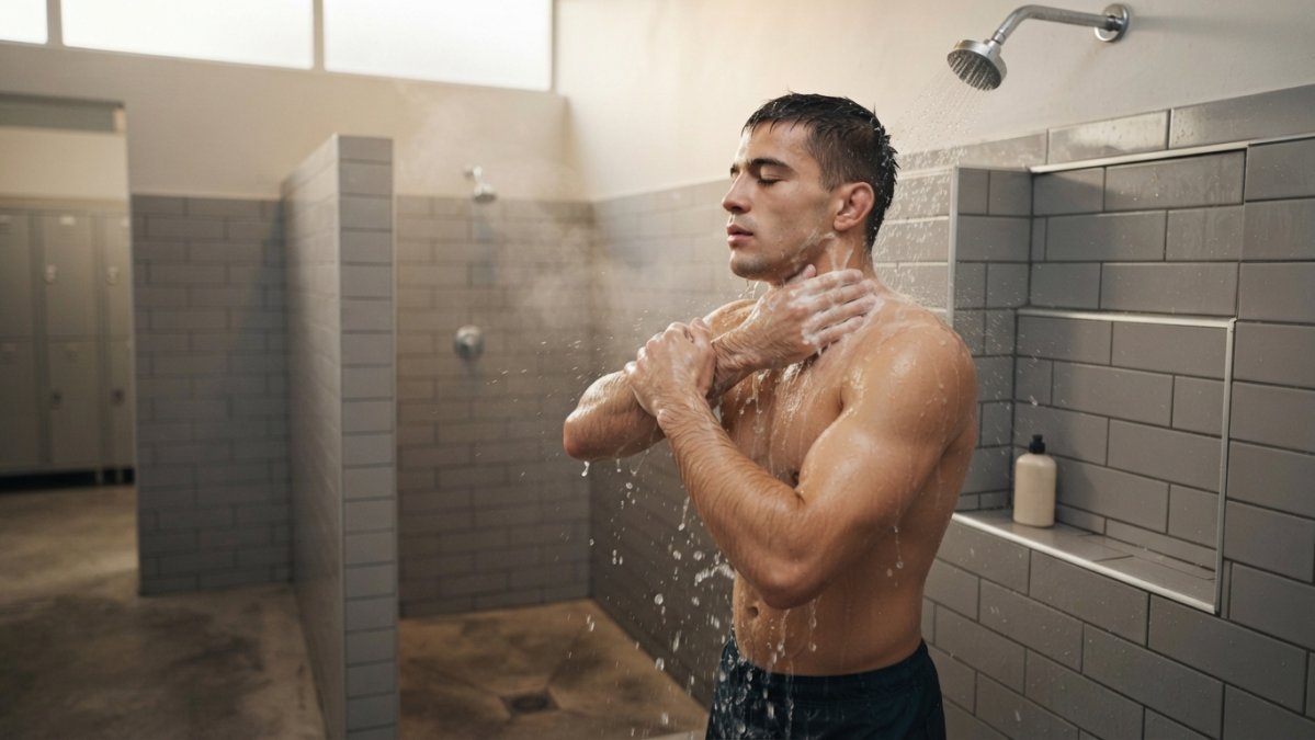 Athlete rinsing arms and face in a gym shower after grappling practice