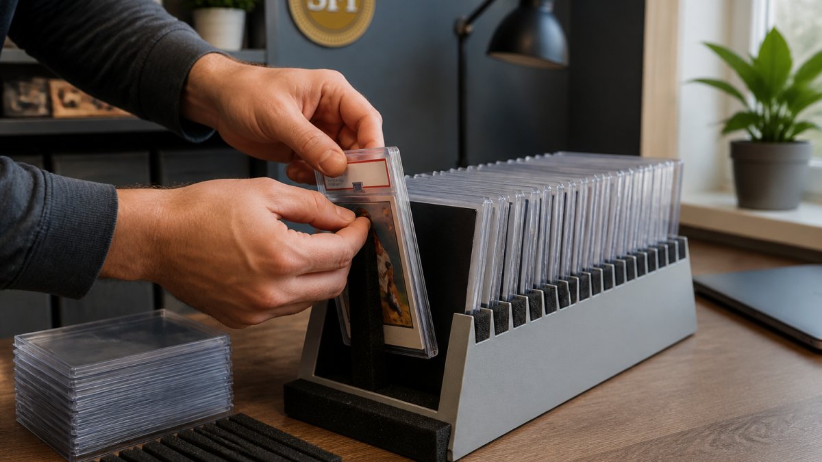Hands placing a graded card slab into a padded rack to prevent slab scuffs during storage.