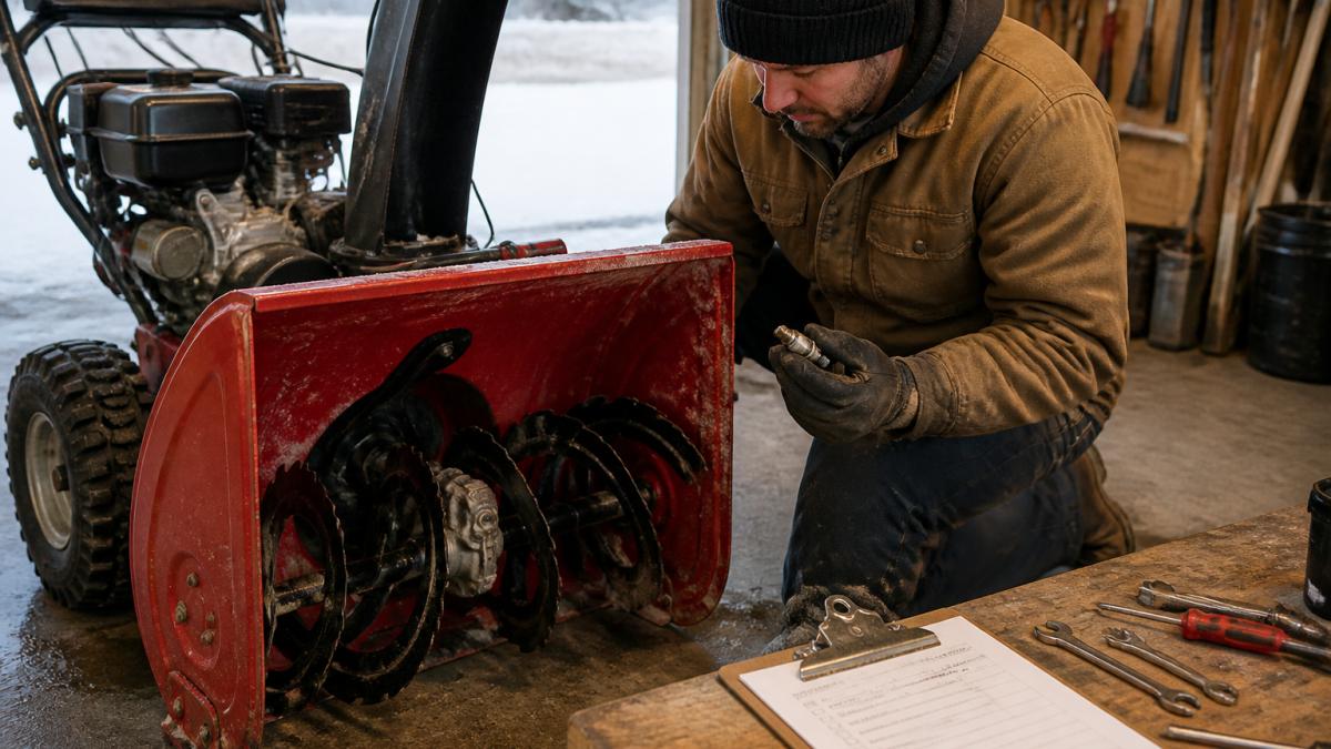 A person in winter gear inspecting the auger and spark plug of a snow blower in a garage, with tools and a maintenance checklist visible on a workbench