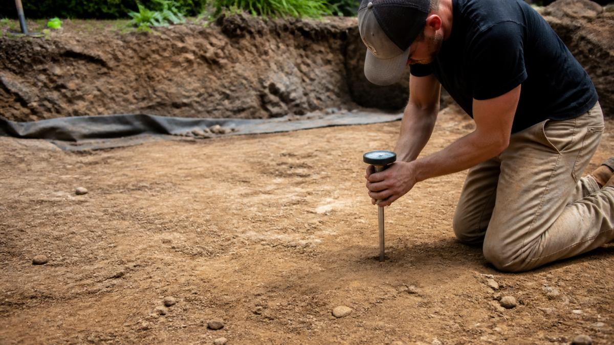 Homeowner using a soil compaction meter on bare ground, a key step in preventing soil compaction under synthetic turf.