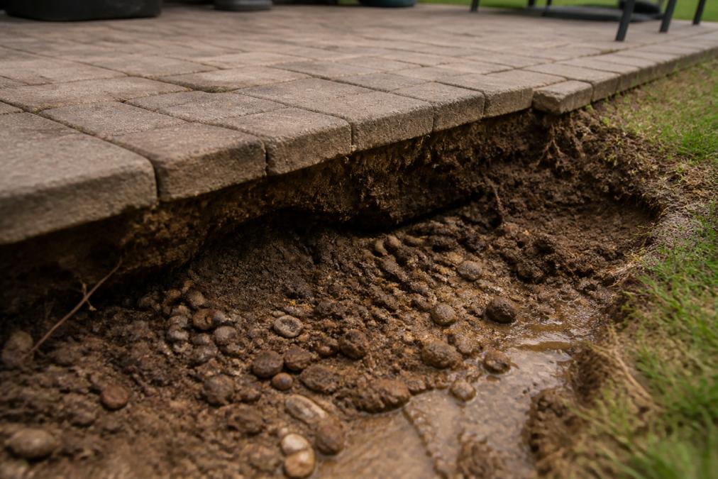 Close-up of severely eroded soil around a patio edge showing exposed pavers, soil displacement, and water damage creating an undercut foundation