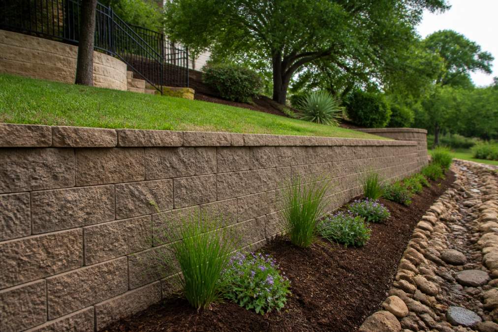 A completed retaining wall on a sloped residential property with native plants and mulch at its base, showing how the structure prevents soil runoff and directs water flow
