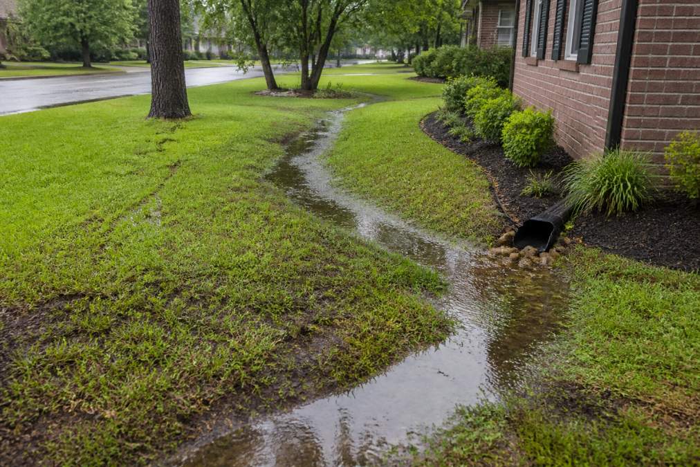 A residential yard after heavy rain with visible water drainage swales and grading directing water away from the home's foundation, demonstrating effective landscape drainage solutions
