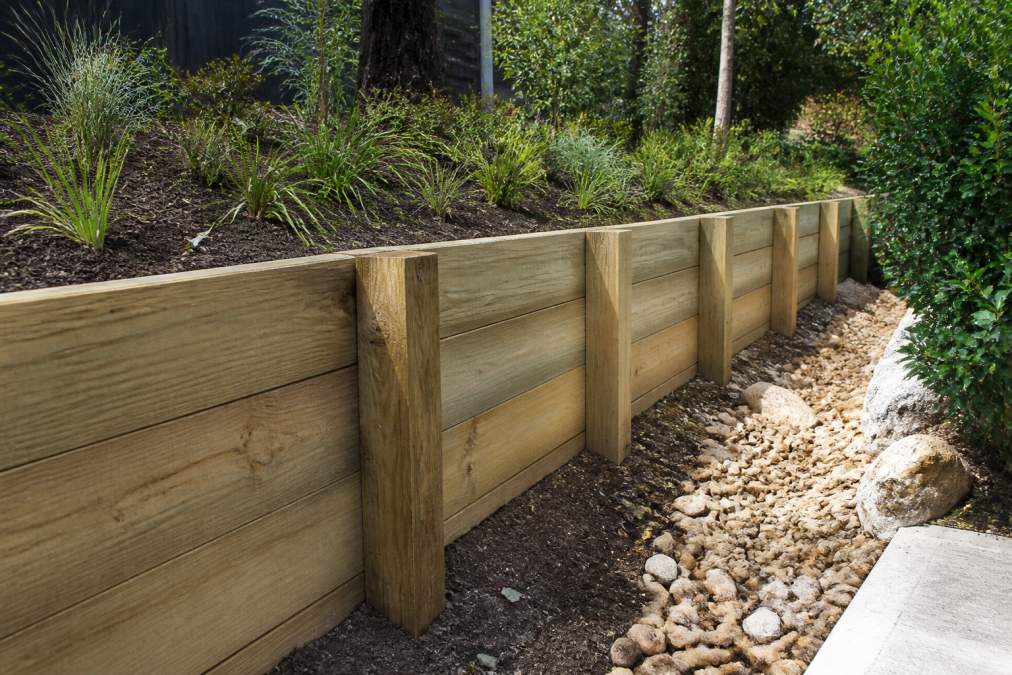Newly constructed timber retaining wall on a sloped garden supporting compacted soil, with native groundcover plants established at the top and water runoff channelled safely to the side, showing exposed root systems in stabilised soil
