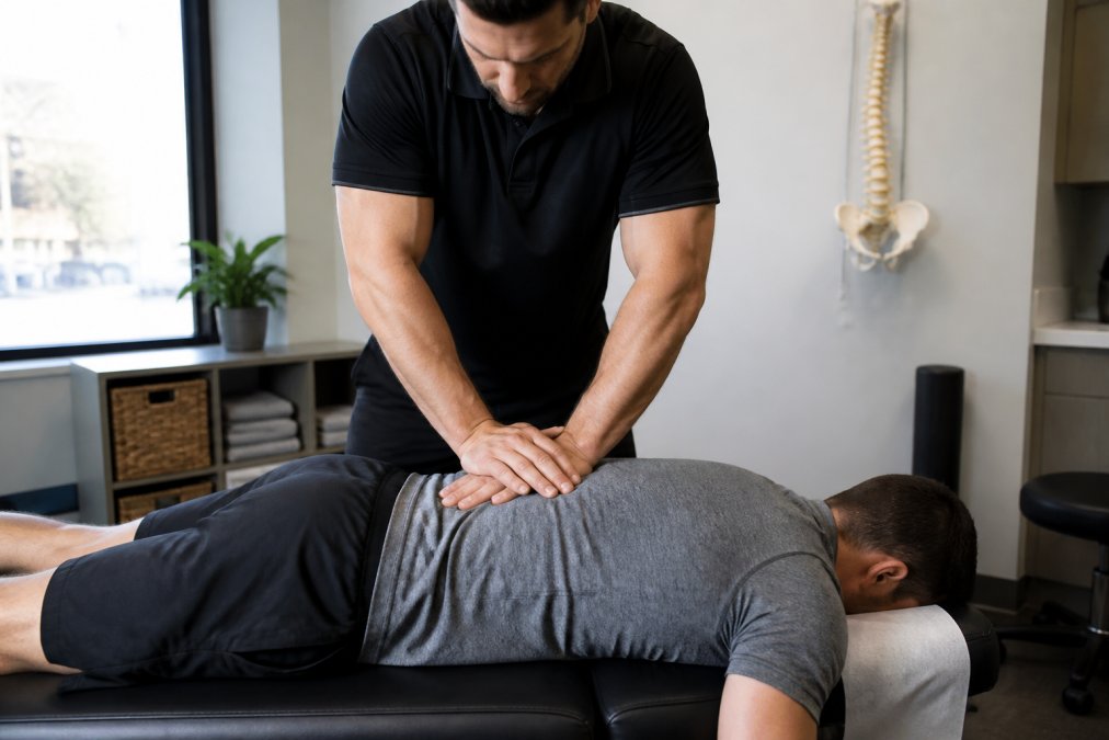 A chiropractor performing a precise spinal adjustment on an athletic patient lying face-down on a treatment table in a clean, well-lit clinical setting, the chiropractor's hands positioned at the mid-thoracic spine