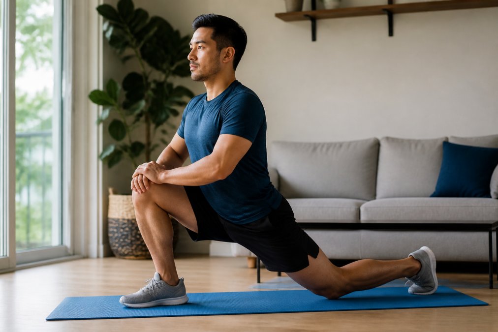 An adult athlete in athletic wear performing a hip flexor stretch in a low lunge position on a blue yoga mat in a bright living room, focused expression, natural light from a window to the left