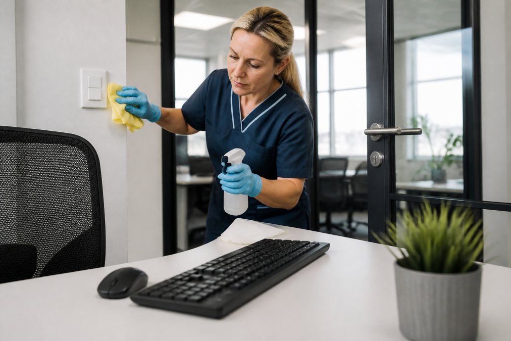 Professional cleaner in protective gloves and uniform sanitising a door handle, light switch, and keyboard in a modern office environment with natural window lighting