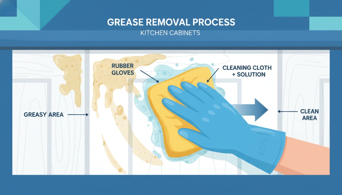 Close-up of a person wearing yellow rubber gloves wiping down a greasy painted kitchen cabinet door with a white microfiber cloth, visible grease residue being lifted from the surface, warm kitchen lighting in background