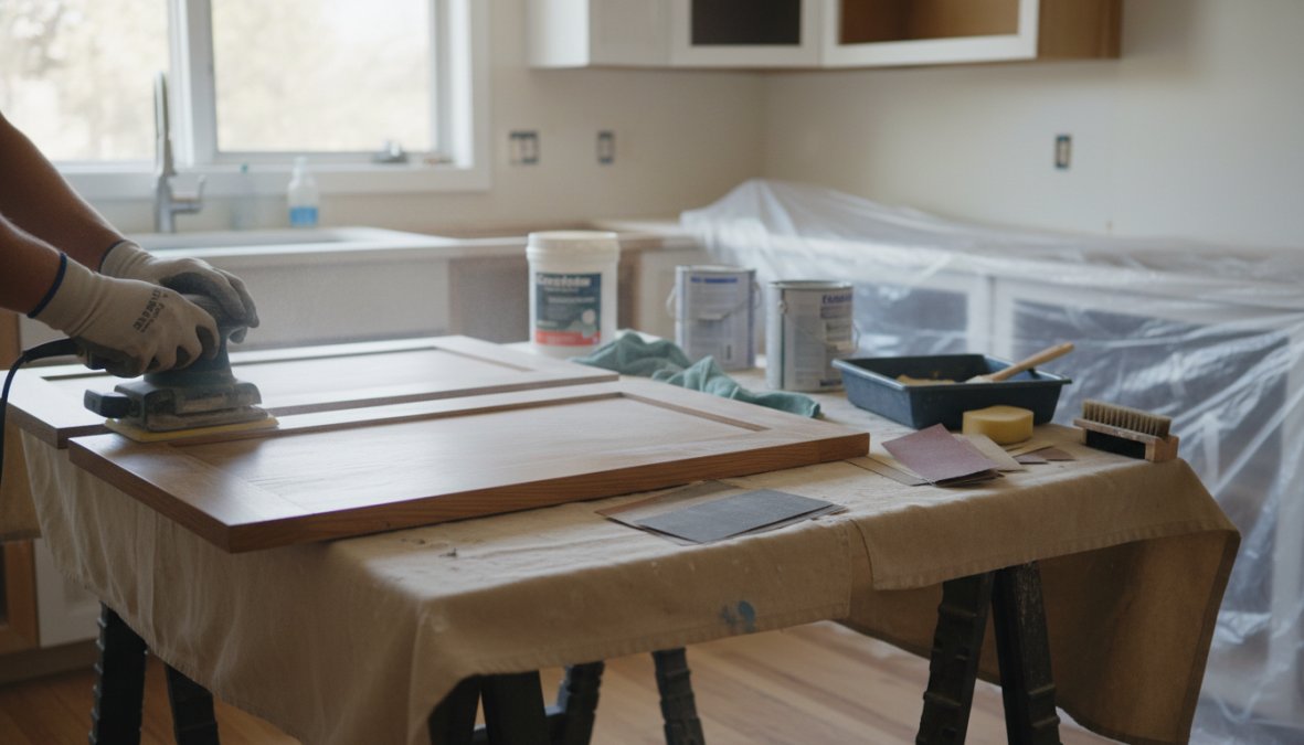 A professional painter in a well-lit workshop lightly sanding a flat white cabinet door on a workbench, with folded sandpaper, a tack cloth, and a can of bonding primer arranged nearby on the wooden surface