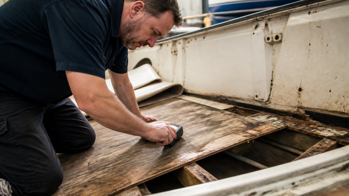 Professional technician using a handheld moisture meter on a boat's wooden subfloor, checking for water damage and soft spots in a marine workshop with natural side lighting