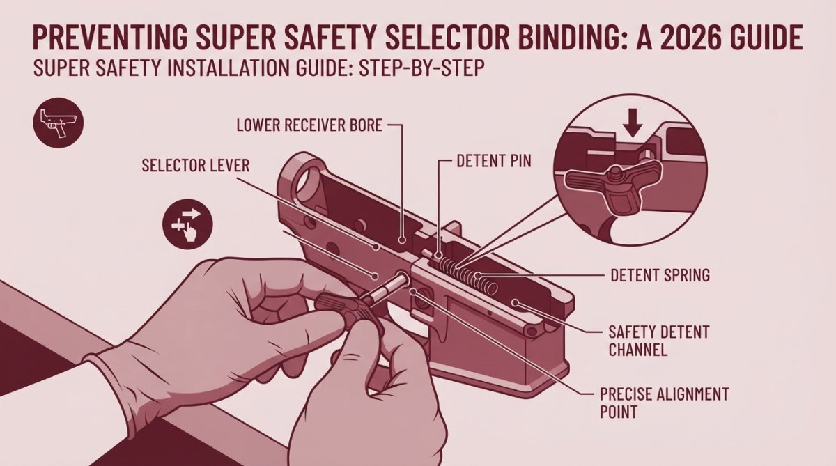 Hands carefully aligning a Super Safety selector into a lower receiver, showing precise positioning with the detent pin and spring visible on the workbench during installation
