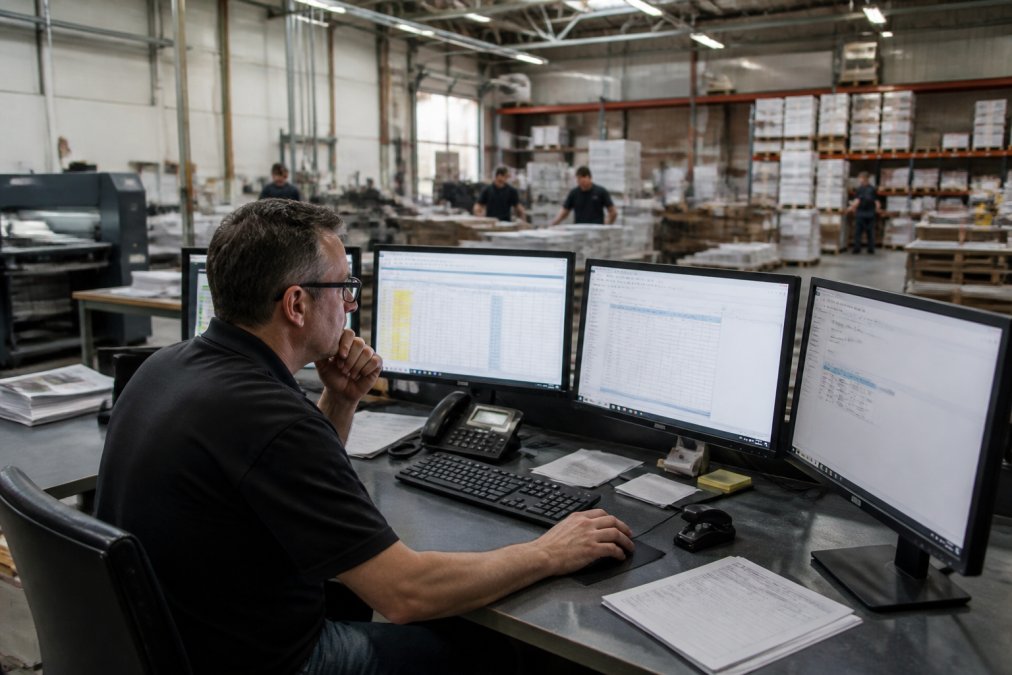 Operations manager reviewing production schedules and supply chain data on multiple monitors in a busy print facility warehouse with natural overhead lighting