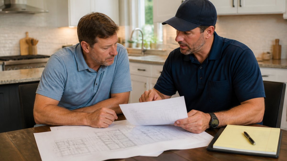 Homeowner and contractor reviewing detailed written estimate and architectural plans at kitchen table with notebook and pen visible