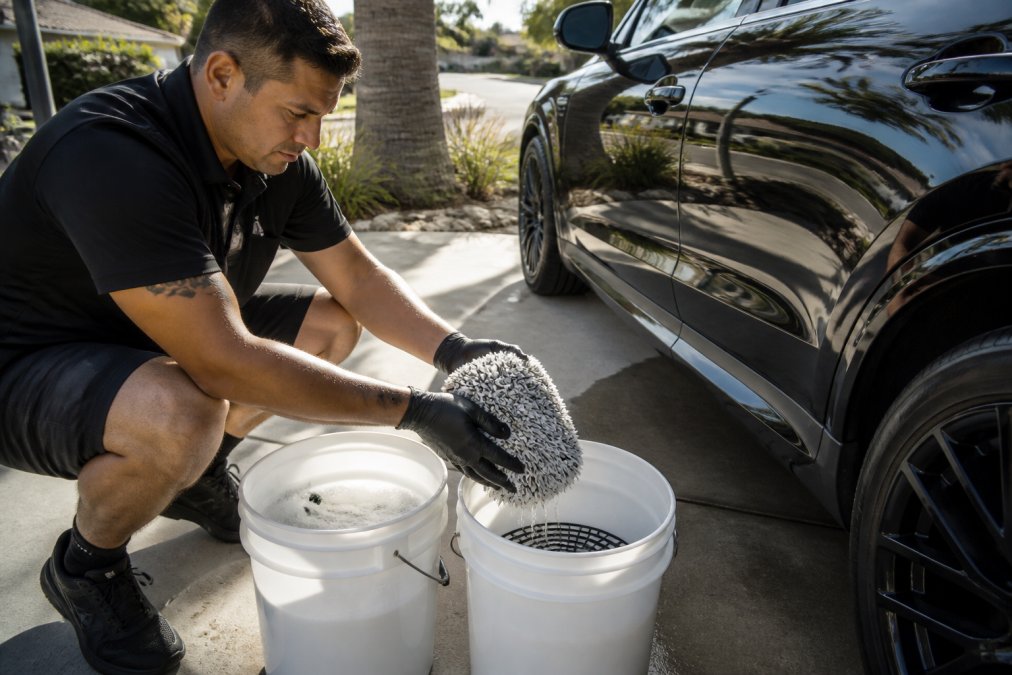A professional detailer in a driveway dips a plush wash mitt into one bucket, then rinses it in a second bucket with a visible grit guard at the bottom, bright California sunlight reflecting off the wet paint