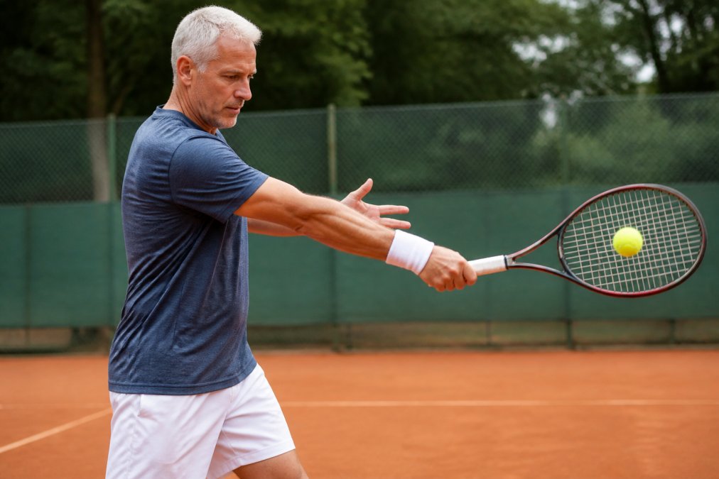 A mature tennis player demonstrating correct forearm position and grip during a forehand stroke on a clay court, showing proper elbow alignment and wrist stability