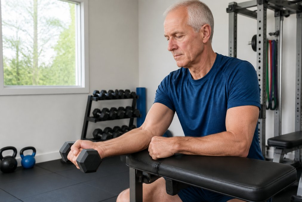 An older male tennis player performing an eccentric wrist extension exercise with a dumbbell, showing proper form with arm extended and controlled movement in a bright home gym setting