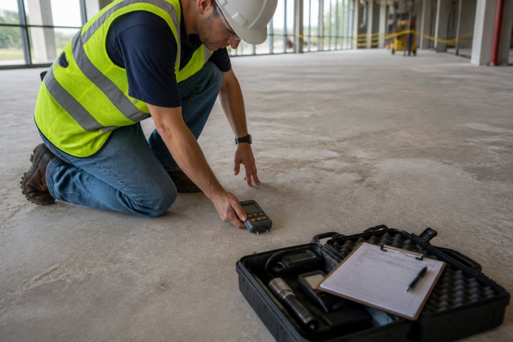 Technician using handheld moisture meter on exposed concrete slab surface in commercial facility, with testing equipment and documentation visible on floor