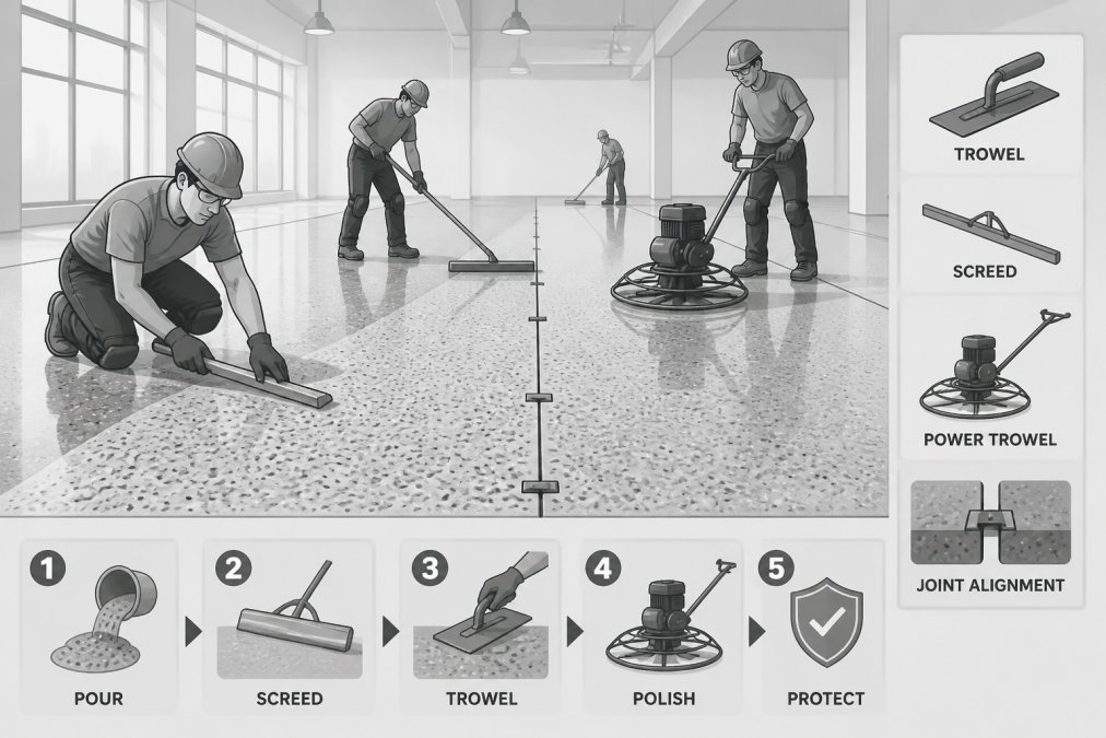 Commercial terrazzo installation crew applying resin-based terrazzo to large floor with precision tools, showing careful attention to joint alignment and surface finishing in bright facility lighting