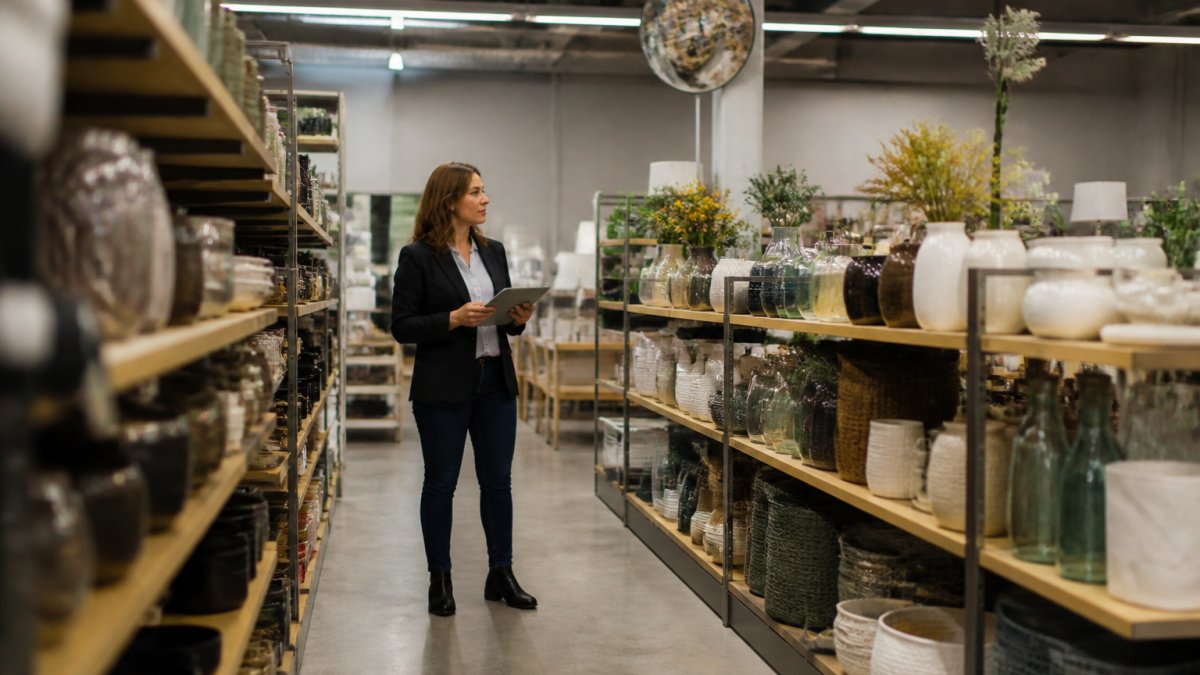 Retail store manager checking store sightlines to aid in preventing theft in retail stores with open shelving