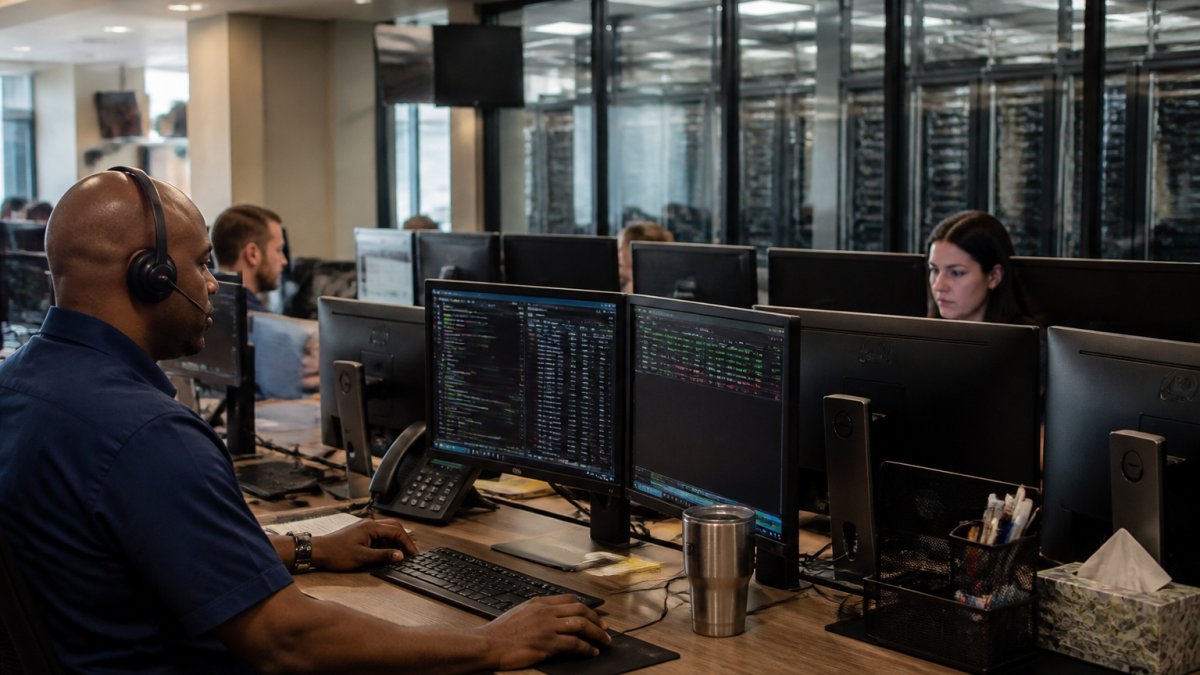 Security operations team monitoring AI agent activity on multiple screens in a control center with alert indicators and real-time dashboards visible