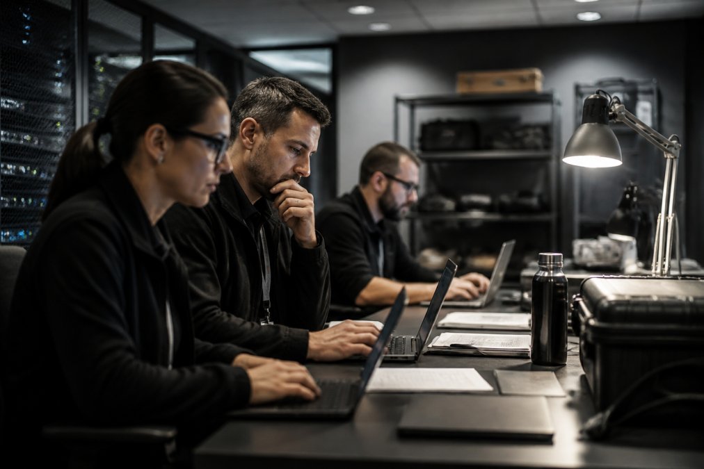 Enterprise security team reviewing cryptographic verification processes displayed on multiple high-resolution monitors in a secure facility with controlled lighting and restricted access